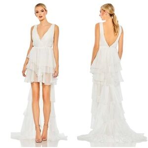 NWT  Mac Duggal White High-Low Ruffle Gown with Bodysuit Size 4